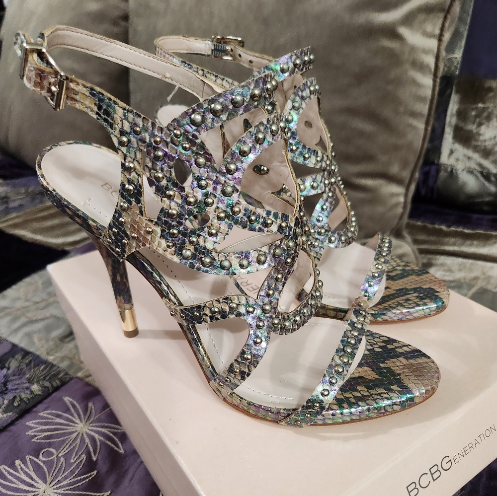 BCBGeneration ILA Irridescent/Rainbow Snake Heeled Sandals